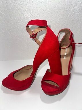 Sun + Stone Red Suede Peep-Toe Ankle Strap Platform Heels